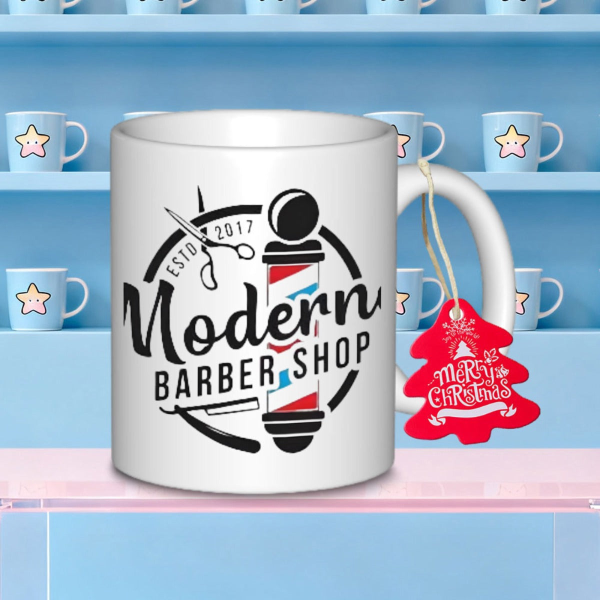 Tailorly White Ceramic 11 oz Mug - Modern Barber Shop Vintage Style Featuring Sharp Scissors And Classic Striped Red White Blue Barber Pole