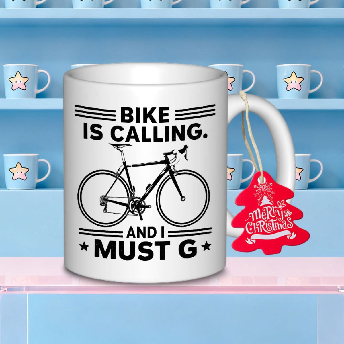 Tailorly White Ceramic 11 oz Mug - Bike Is Calling And I Must G Sleek Black Road Bicycle Silhouette Centered Within Parallel Decorative Horizontal Lines Bicycle