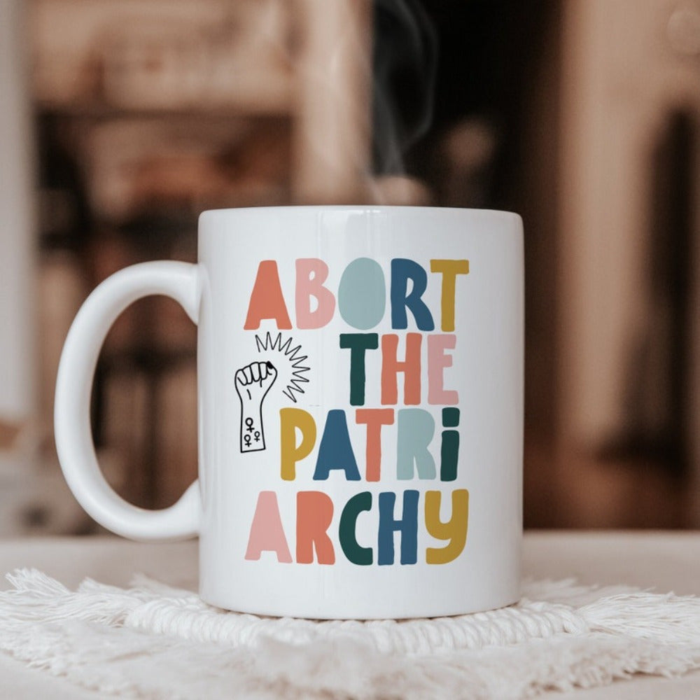 Tailorly White Ceramic 11 oz Mug - Abort The Patriarchy Colorful Bold Rounded Lettering With Minimalist Graphic Line Drawing Mug