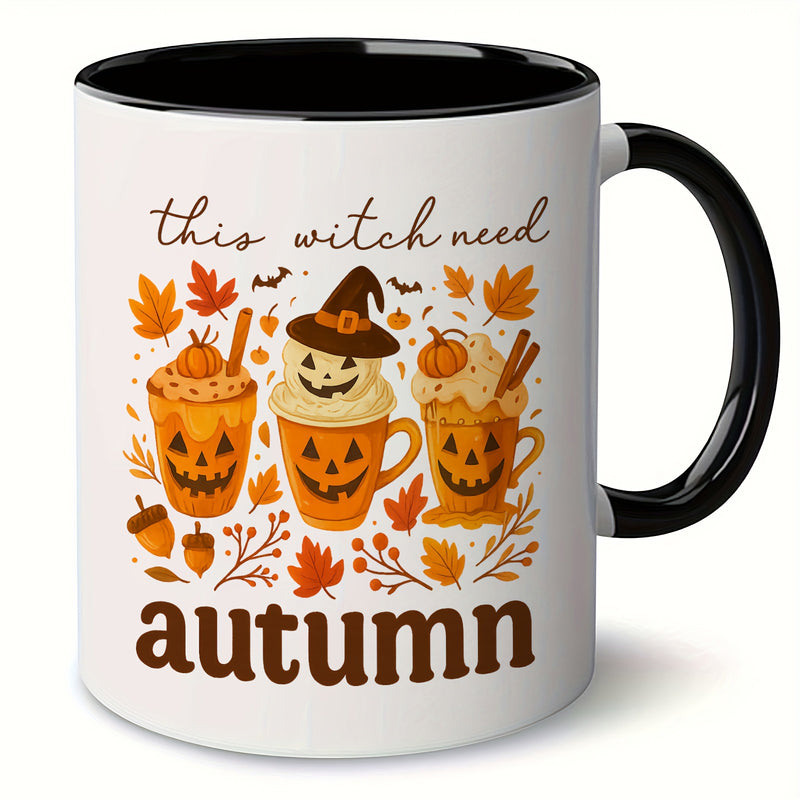 Tailorly Black Accent 11 oz Mug - autumn witch with "this witch need autumn" text and fall leaves