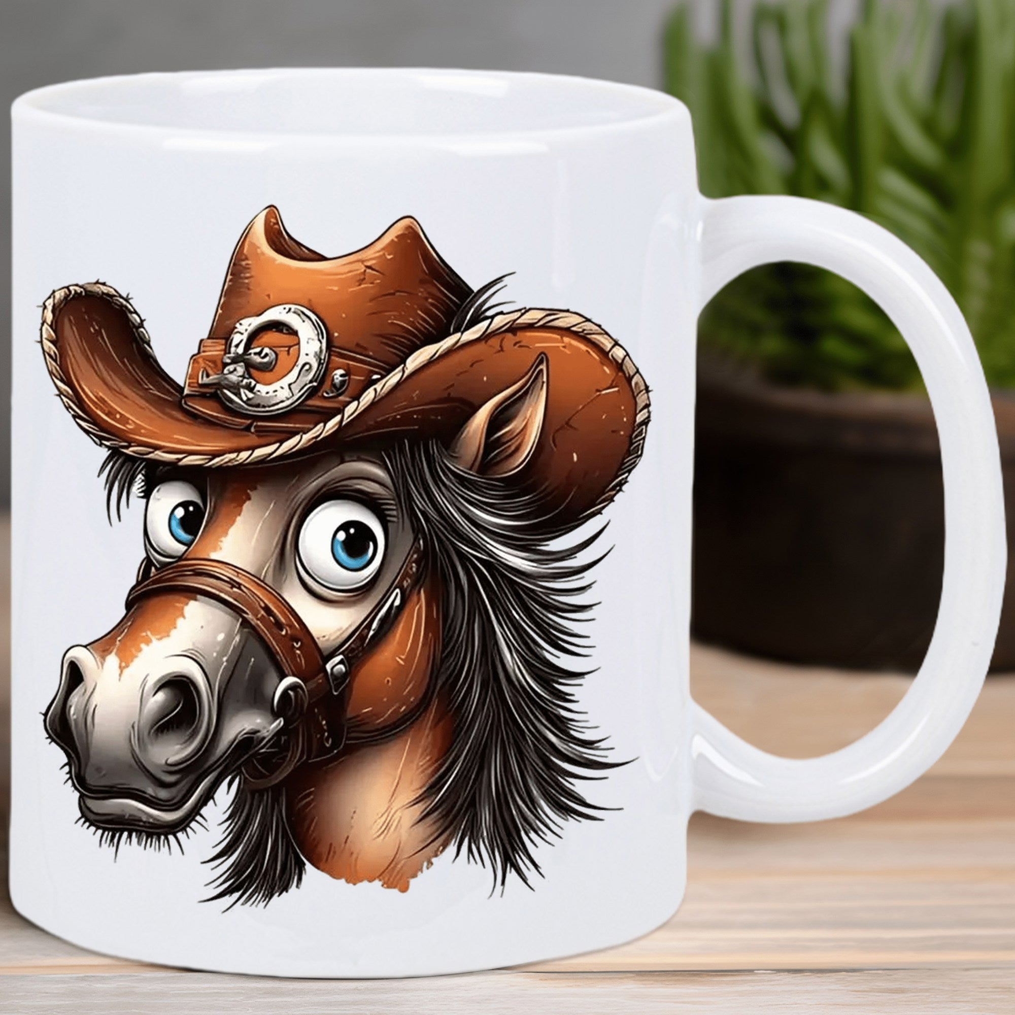 Tailorly White Ceramic 11 oz Mug - Funny Cartoon Brown Pony Wearing Detailed Leather Cowboy Hat Silly Horse