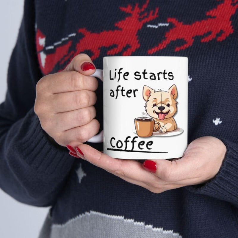 Tailorly White Ceramic 11 oz Mug - Life Starts After Coffee Adorable Cartoon Puppy Sitting Peacefully Beside A Steaming Hot Mug Dog
