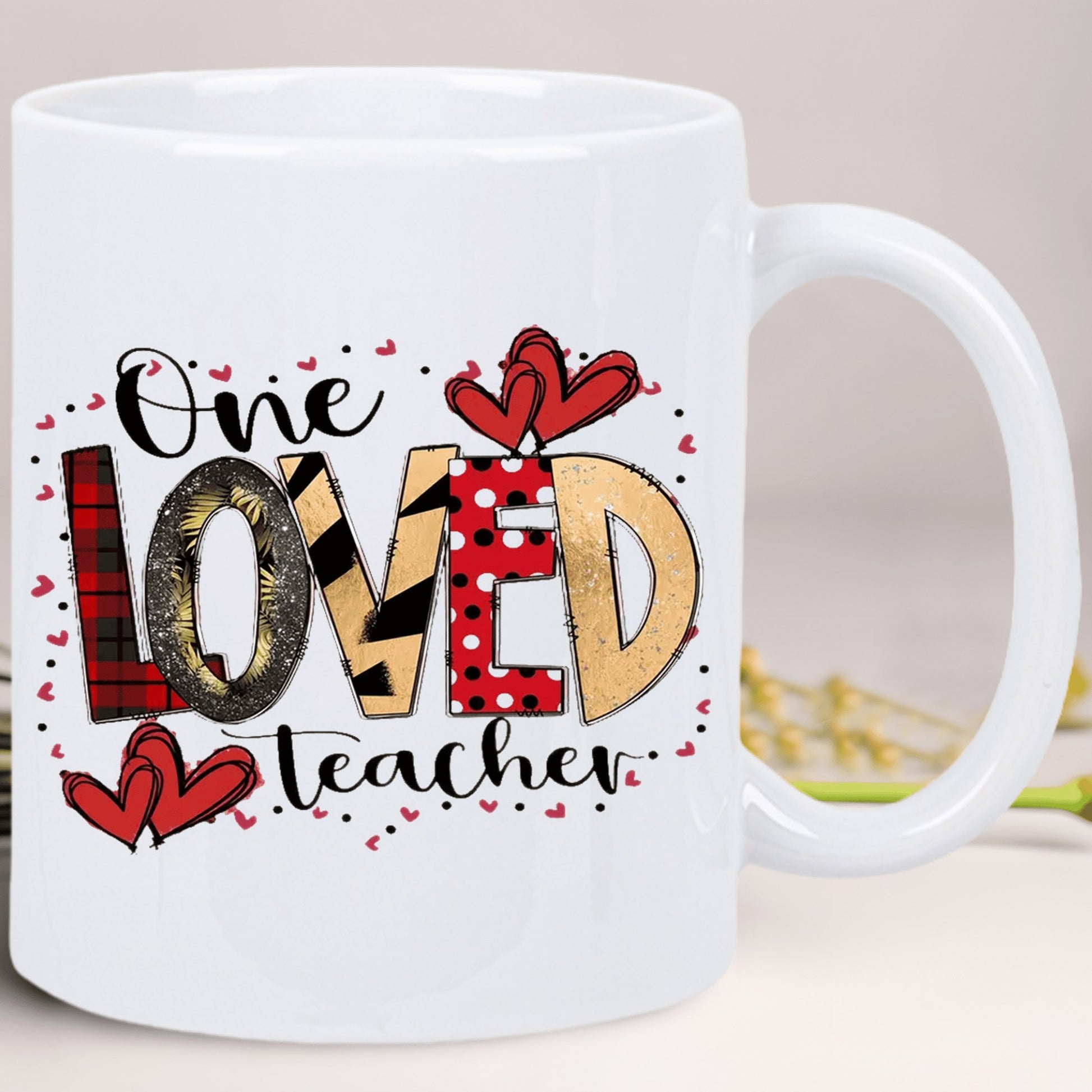 Tailorly White Ceramic 11 oz Mug - One Loved Teacher Red Patterned Hearts With Leopard Plaid And Polka Dot Textures Mug