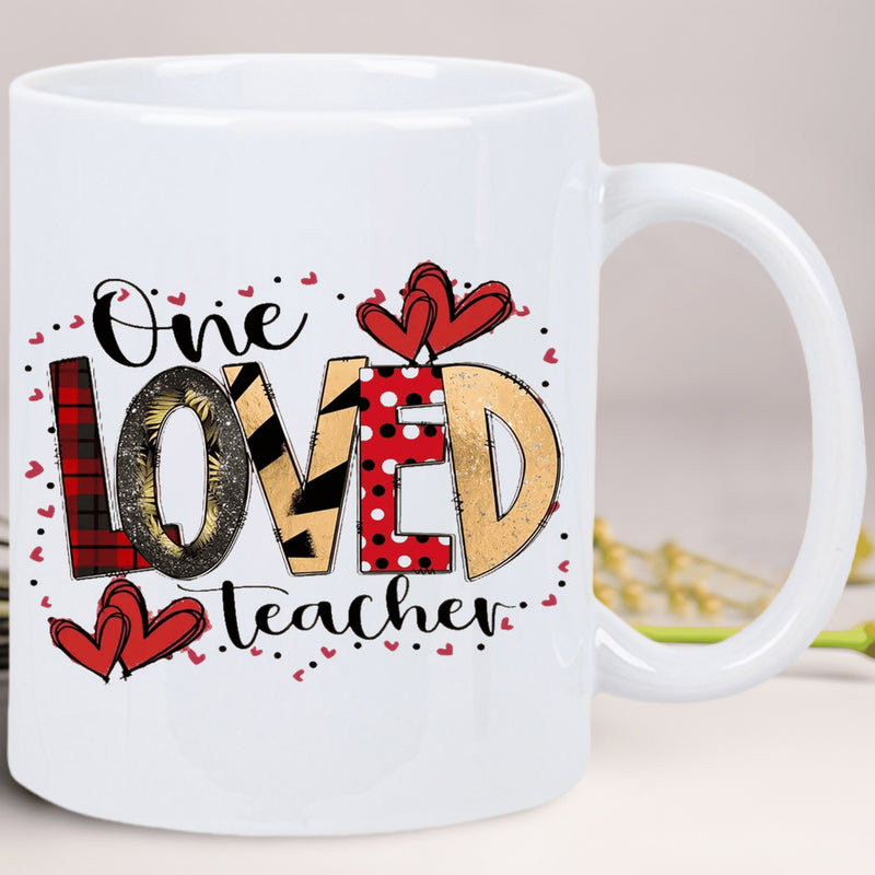 Tailorly White Ceramic 11 oz Mug - One Loved Teacher Red Patterned Hearts With Leopard Plaid And Polka Dot Textures Mug