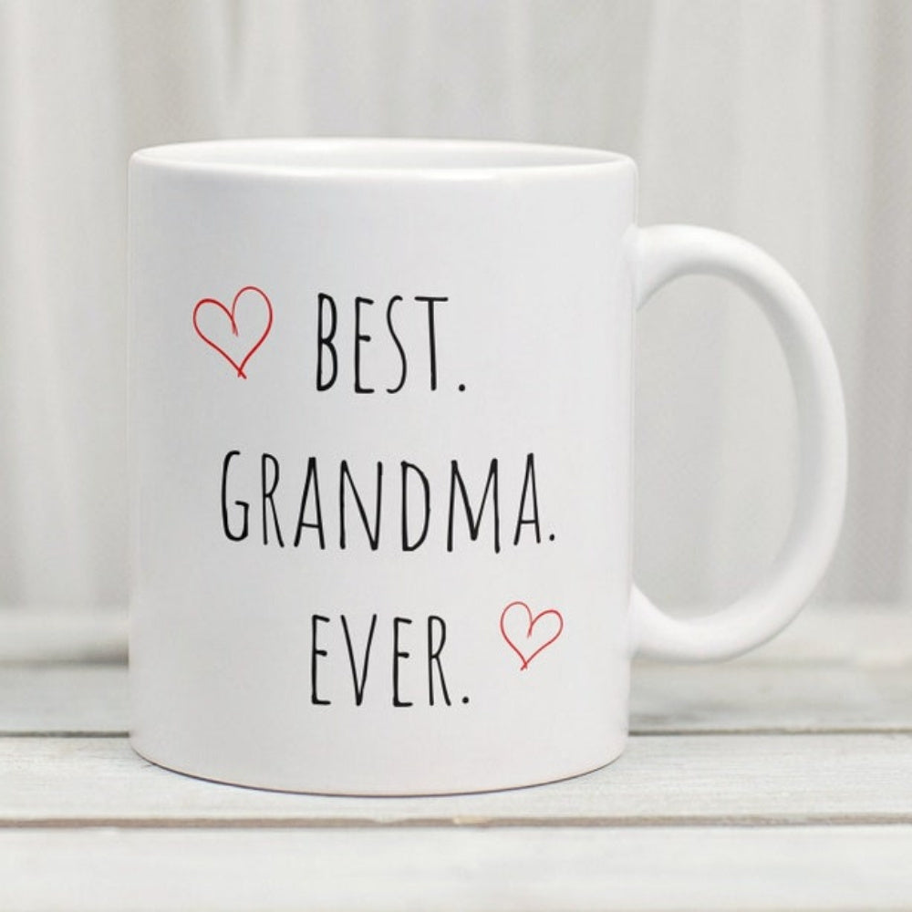Tailorly White Ceramic 11 oz Mug - Best Grandma Ever Minimalist Style Featuring Two Small Hand Drawn Delicate Crimson Outline Hearts Heart