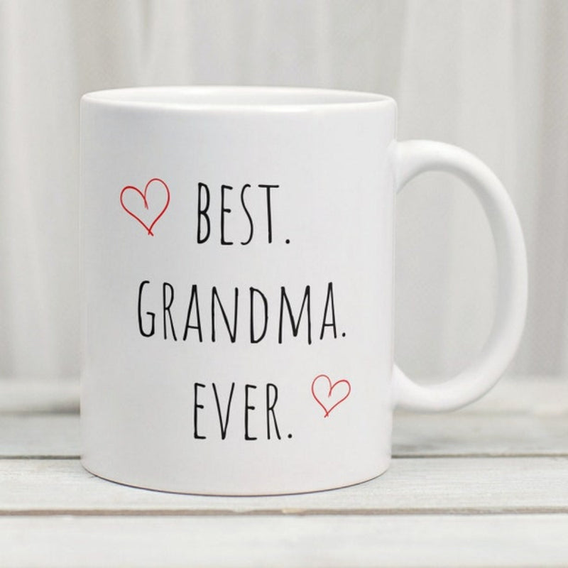 Tailorly White Ceramic 11 oz Mug - Best Grandma Ever Minimalist Style Featuring Two Small Hand Drawn Delicate Crimson Outline Hearts Heart