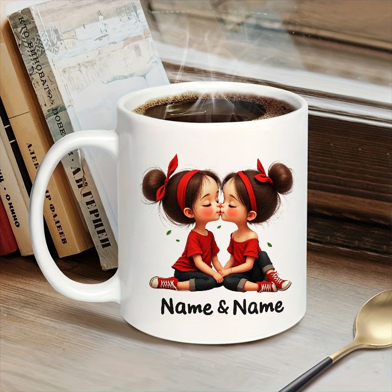 Tailorly White Ceramic 11 oz Mug - Name And Name Two Adorable Twin Girls Sitting Together Wearing Red Bows And Matching Shirts Girls
