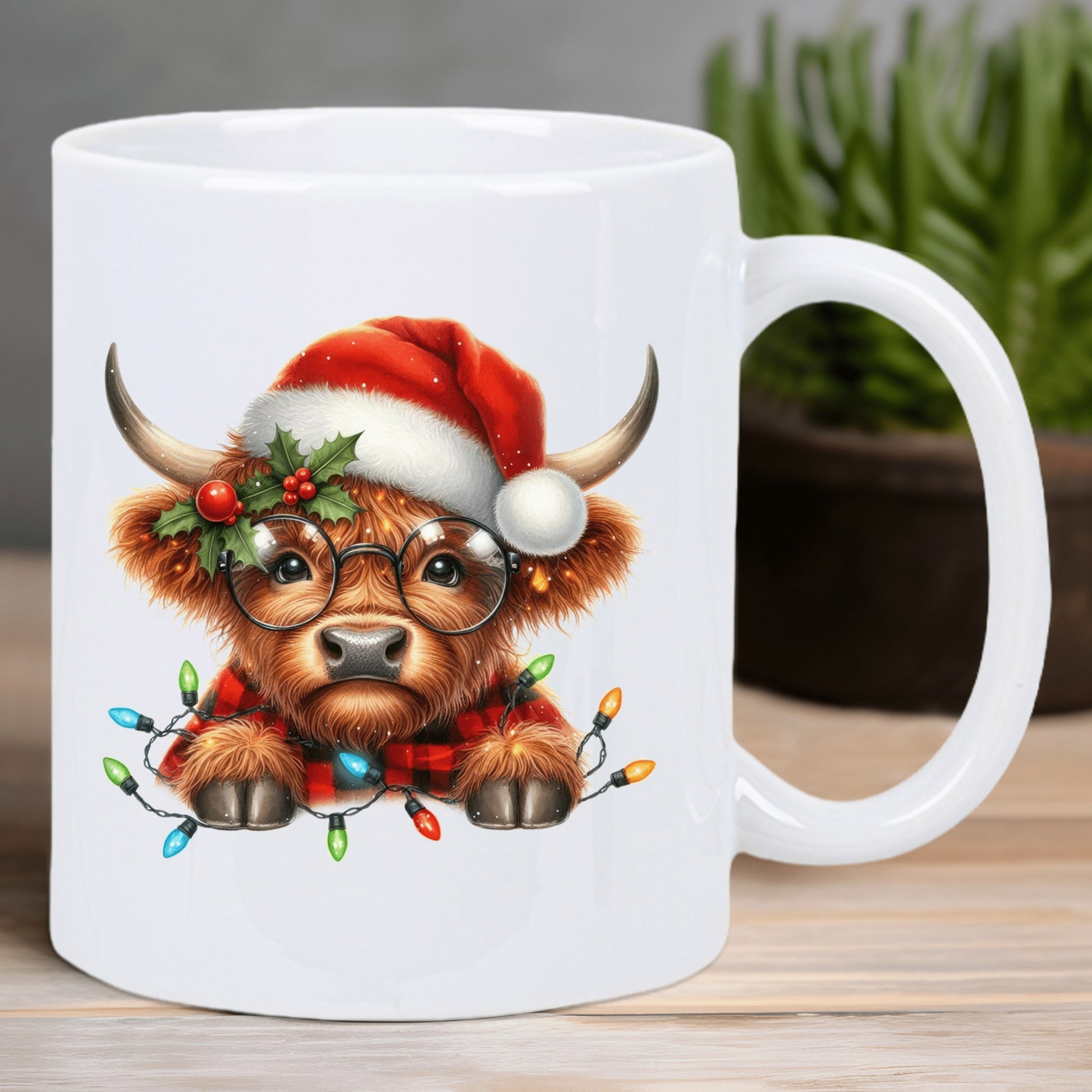 Tailorly White Ceramic 11 oz Mug - Adorable Highland Cow Wearing Santa Hat And Glasses With Festive Lights Cow