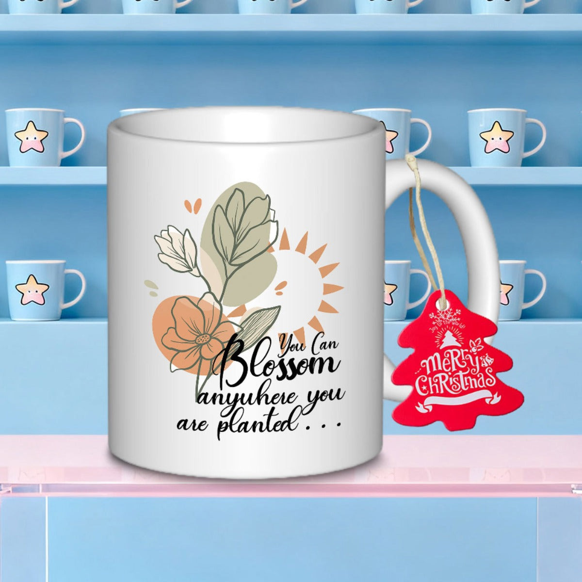 Tailorly White Ceramic 11 oz Mug - You Can Blossom Anywhere You Are Planted Minimalist Botanical Line Art With Delicate Petals And Soft Earthy Tones Flower