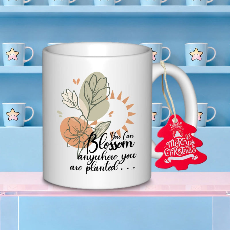 Tailorly White Ceramic 11 oz Mug - You Can Blossom Anywhere You Are Planted Minimalist Botanical Line Art With Delicate Petals And Soft Earthy Tones Flower