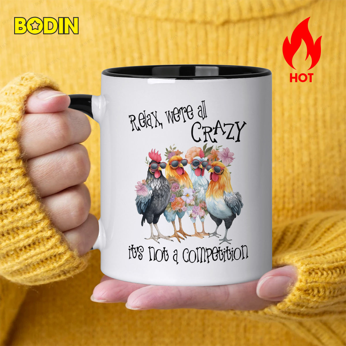 Tailorly Black Accent 11 oz Mug - fun rooster relax all crazy its not a competition humorous design