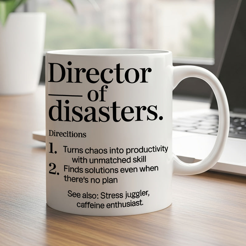 Tailorly White Ceramic 11 oz Mug - Director Of Disasters Minimalist White Ceramic Piece Featuring Bold Black Dictionary Styled Text Mug