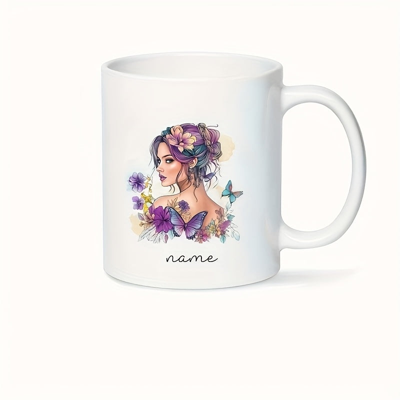 Tailorly White Ceramic 11 oz Mug - Name Vibrant Purple Hair Surrounded By Butterflies And Delicate Floral Blossoms Woman