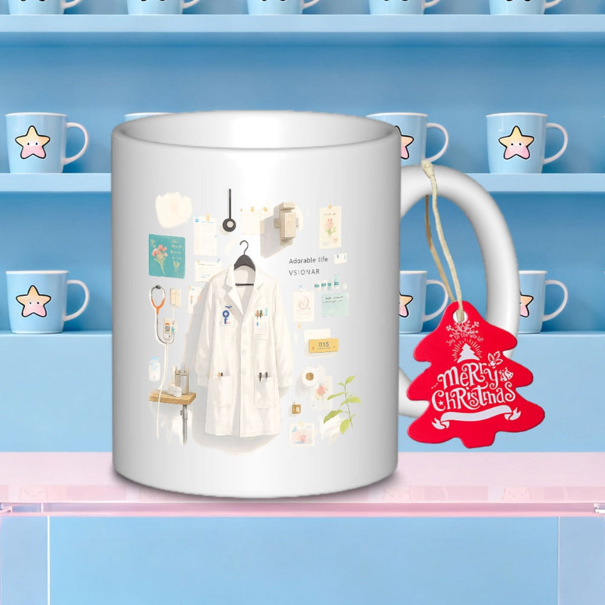 Tailorly White Ceramic 11 oz Mug - Merry Christmas Clinical Medical Science Tools And Gear Arranged Around Lab Coat