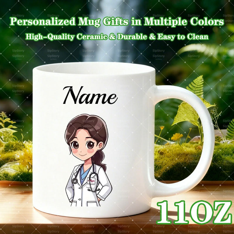 Tailorly White Ceramic 11 oz Mug - Name Cartoon Doctor Woman Wearing A White Coat And A Professional Stethoscope Mug