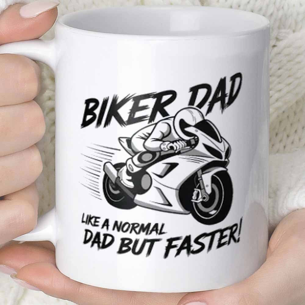 Tailorly White Ceramic 11 oz Mug - Biker Dad Like A Normal Dad But Faster Dynamic Sportbike With Racing Helmet Under High Speed Motion Motorcycle