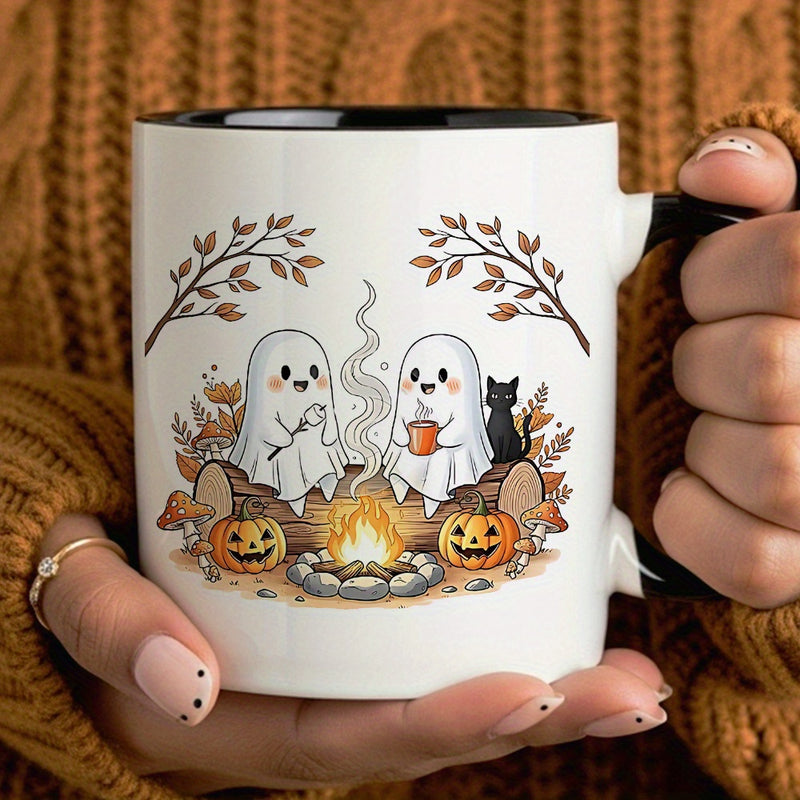 Tailorly Black Accent 11 oz Mug - halloween ghost and pumpkin design