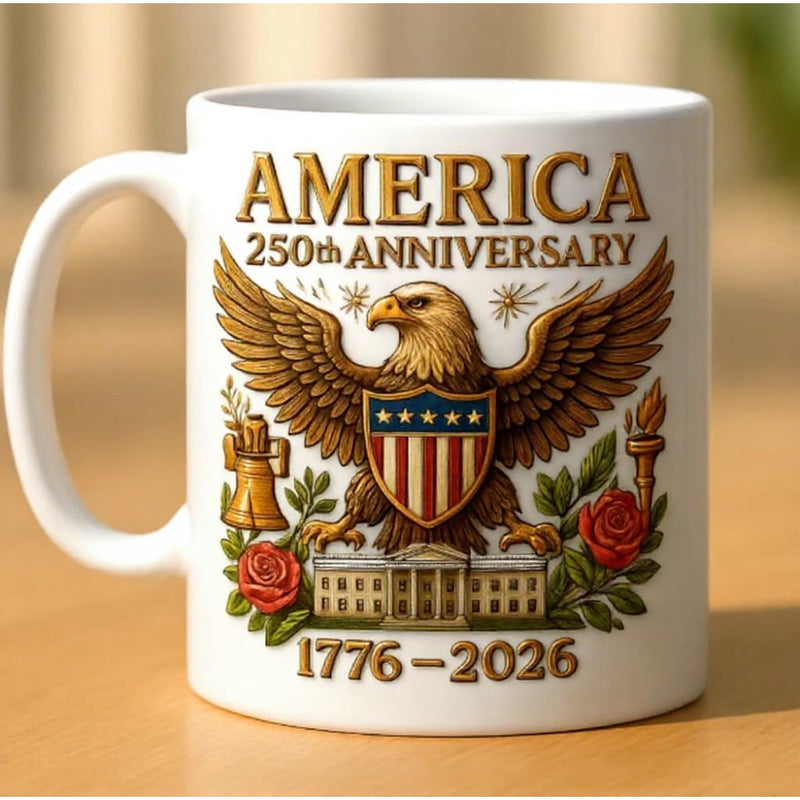 Tailorly White Ceramic 11 oz Mug - America 250th Anniversary 1776 2026 Majestic Bald Eagle Spreading Wings Over The White House And Flowers Eagle