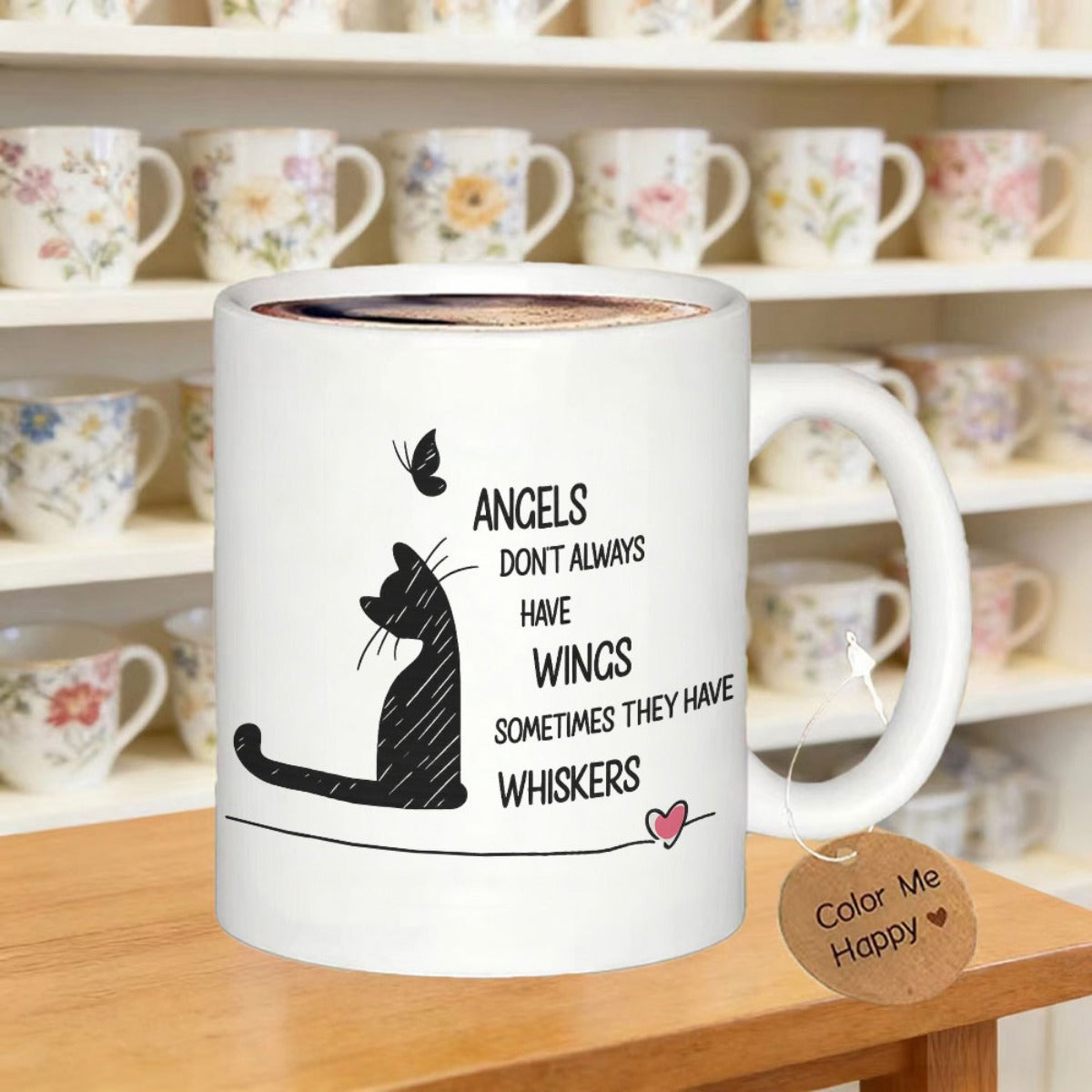 Tailorly White Ceramic 11 oz Mug - Angels Dont Always Have Wings Sometimes They Have Whiskers Elegant Minimalist Black Silhouette Sitting Quietly Under A Small