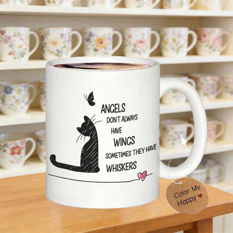 Tailorly White Ceramic 11 oz Mug - Angels Dont Always Have Wings Sometimes They Have Whiskers Elegant Minimalist Black Silhouette Sitting Quietly Under A Small