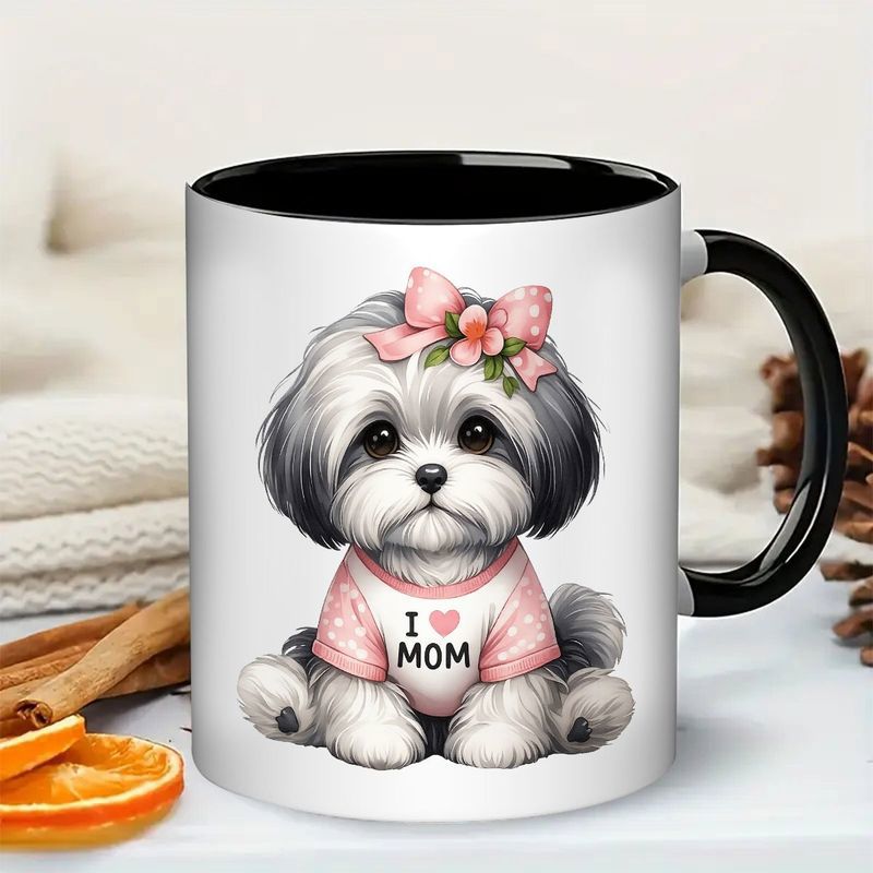 Tailorly Black Accent 11 oz Mug - dog with pink bow and "i love mom" text
