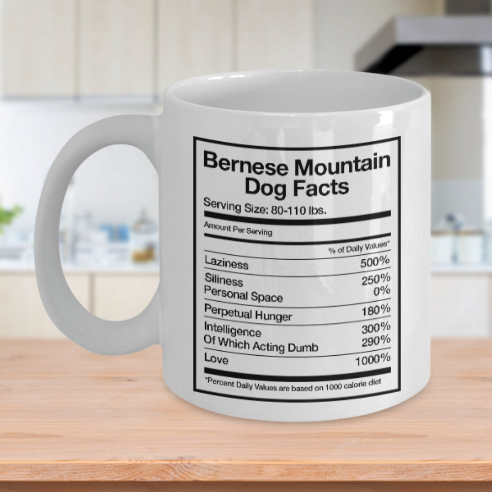 Tailorly White Ceramic 11 oz Mug - Bernese Mountain Dog Facts Minimalist Black Nutrition Label Border Printed On A