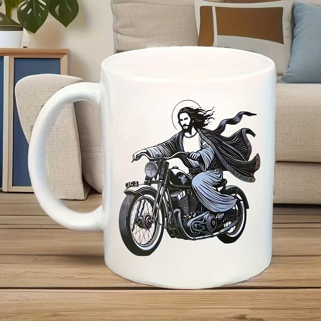 Tailorly White Ceramic 11 oz Mug - Iconic Figure Wearing Flowing Robes Riding A Classic Vintage Black Motorcycle