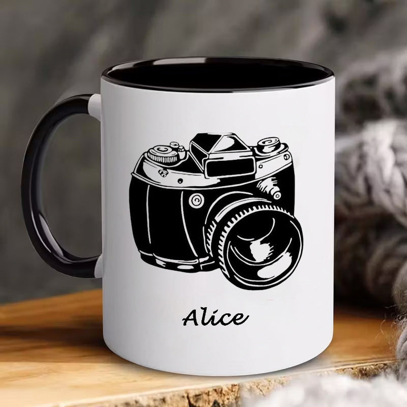 Tailorly Black Accent 11 oz Mug - personalized name text and vintage camera photo