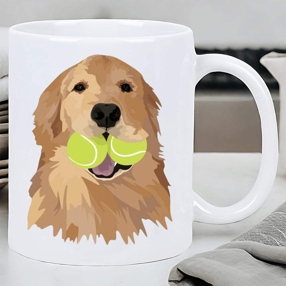 Tailorly White Ceramic 11 oz Mug - Hand Drawn Style Golden Retriever Holding Two Yellow Tennis Balls Golden Retriever