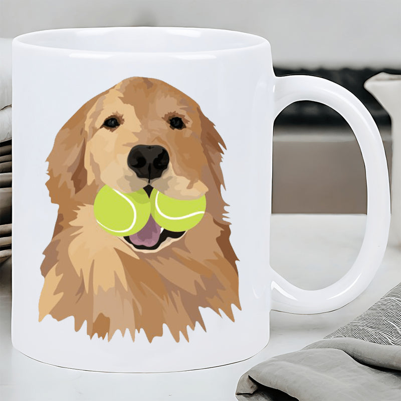 Tailorly White Ceramic 11 oz Mug - Hand Drawn Style Golden Retriever Holding Two Yellow Tennis Balls Golden Retriever