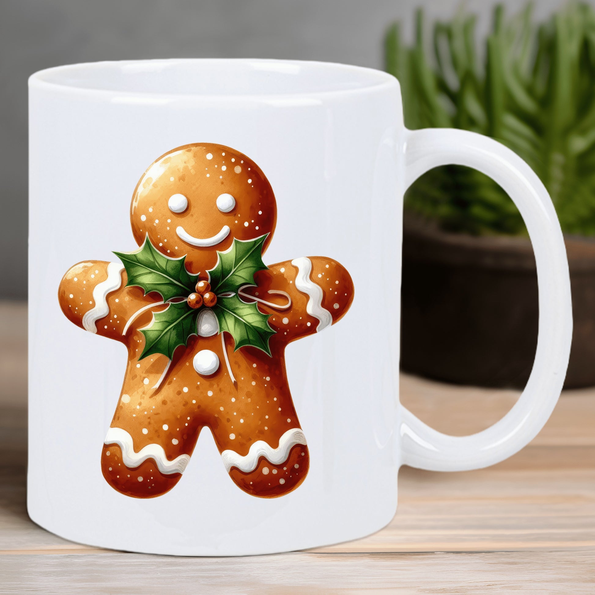 Tailorly White Ceramic 11 oz Mug - Smiling Festive Cookie Decorated With Green Holly Leaves And White Icing Gingerbread Man