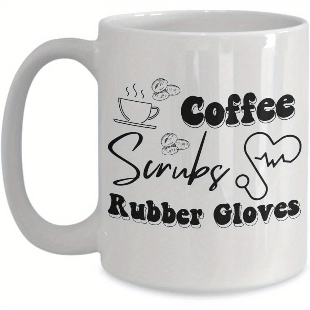 Tailorly White Ceramic 11 oz Mug - Coffee Scrubs Rubber Gloves Medical Theme With Heart Shaped Stethoscope And Steaming Morning Coffee Stethoscope