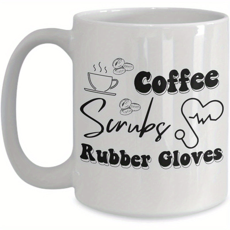 Tailorly White Ceramic 11 oz Mug - Coffee Scrubs Rubber Gloves Medical Theme With Heart Shaped Stethoscope And Steaming Morning Coffee Stethoscope