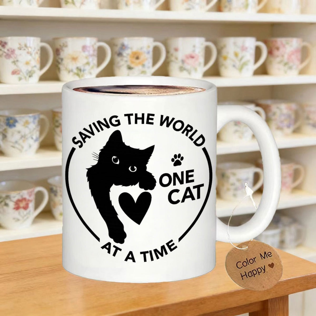 Tailorly White Ceramic 11 oz Mug - Saving The World One Cat At A Time Minimalist Black Silhouette Posing With Heart And Small Paw Print Cat