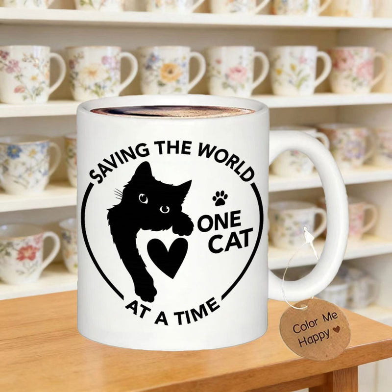 Tailorly White Ceramic 11 oz Mug - Saving The World One Cat At A Time Minimalist Black Silhouette Posing With Heart And Small Paw Print Cat