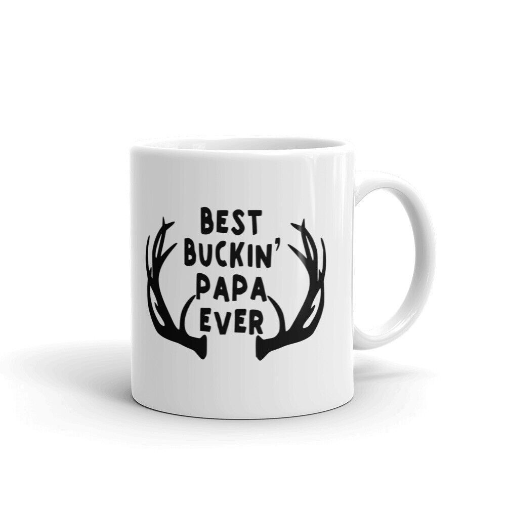 Tailorly White Ceramic 11 oz Mug - Best Buckin Papa Ever Symmetric Black Deer Antlers Framing Rustic Hand Written Typography Decorative Antlers