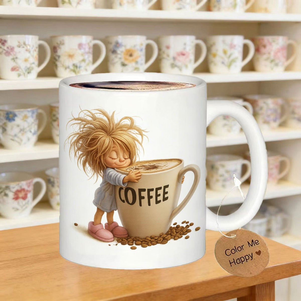 Tailorly White Ceramic 11 oz Mug - Coffee Color Me Happy Whimsical Messy Haired Little Girl Hugging Giant Steaming Morning Latte Girl