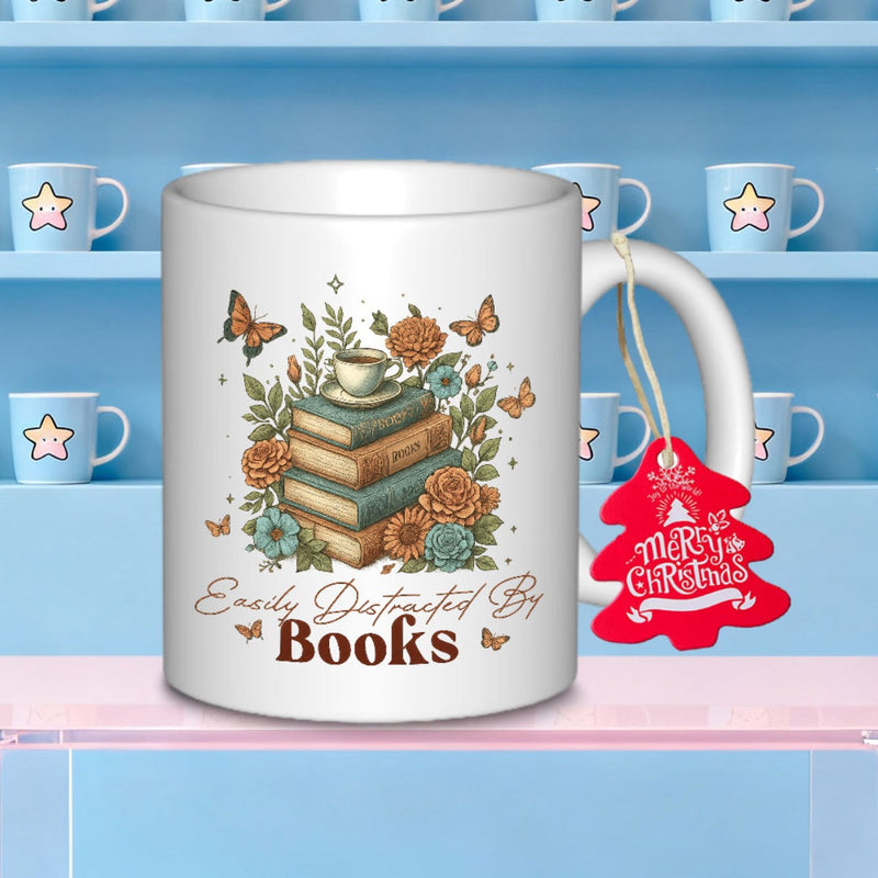 Tailorly White Ceramic 11 oz Mug - Easily Distracted By Books Vintage Pile Of Hardcover Books Adorned With Blooming Flowers And Fluttering Butterflies Stack