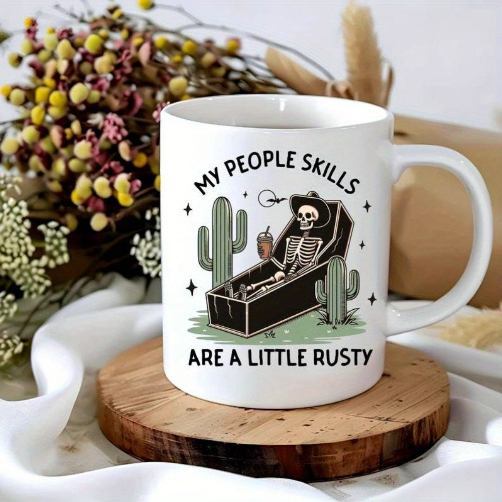 Tailorly White Ceramic 11 oz Mug - My People Skills Are A Little Rusty Relaxing Inside A Wooden Coffin Among Desert Cacti And Stars Skeleton
