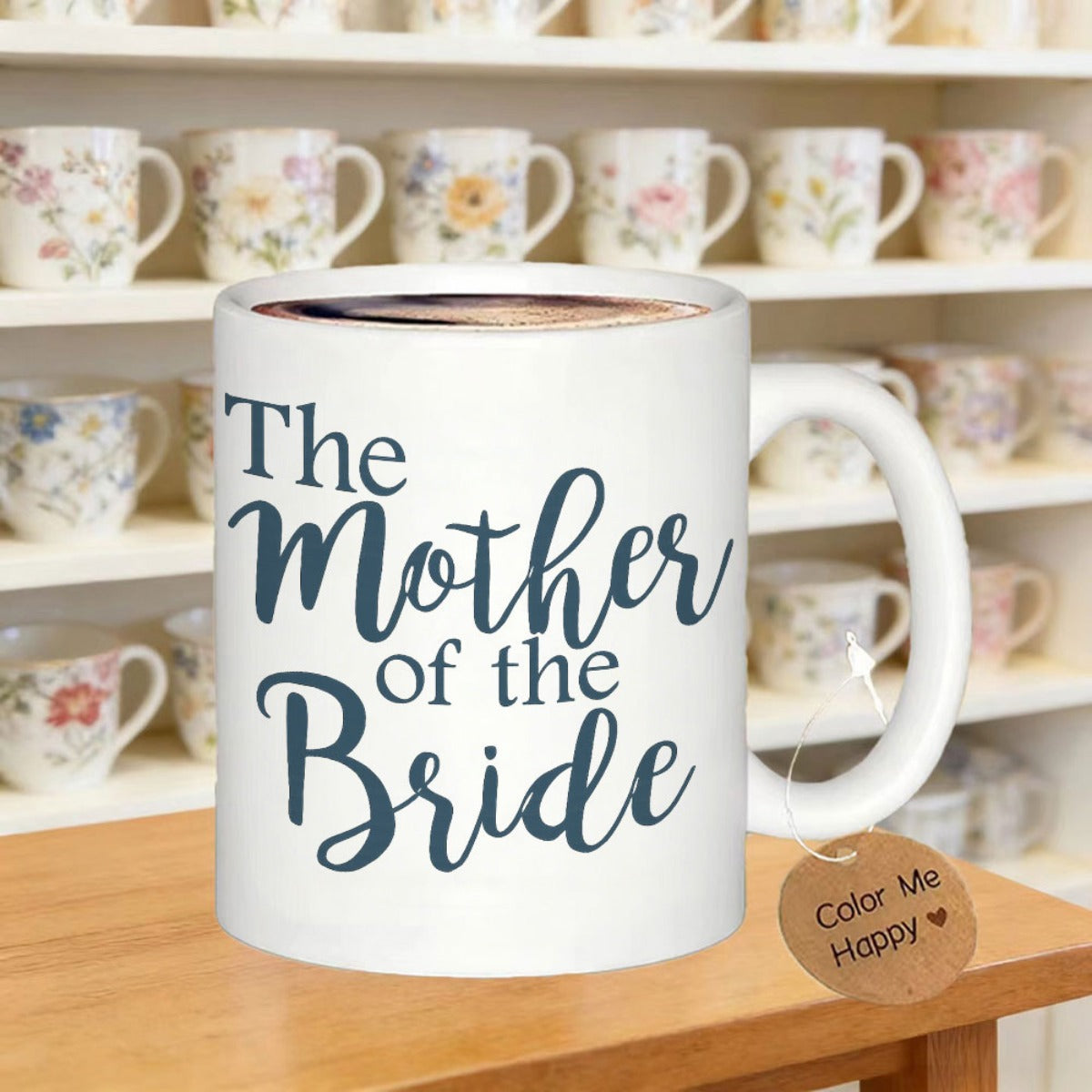 Tailorly White Ceramic 11 oz Mug - The Mother Of The Bride Elegant Script Style Dark Blue Lettering Ceramic Mug