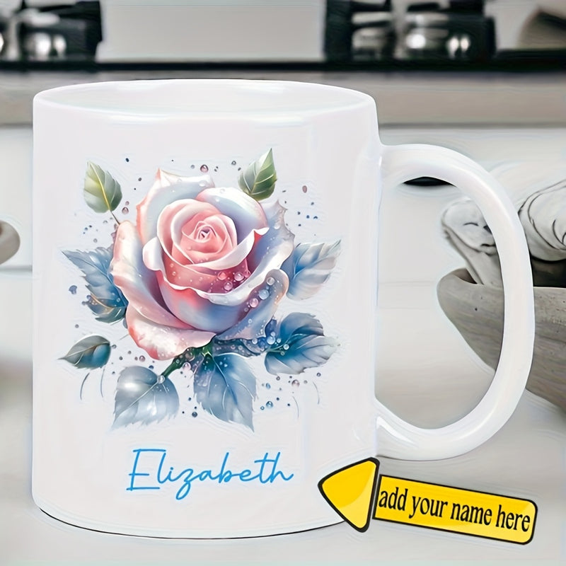 Tailorly White Ceramic 11 oz Mug - Elizabeth Delicate Watercolor Painting With Soft Pink Petals And Shimmering Leaves Rose