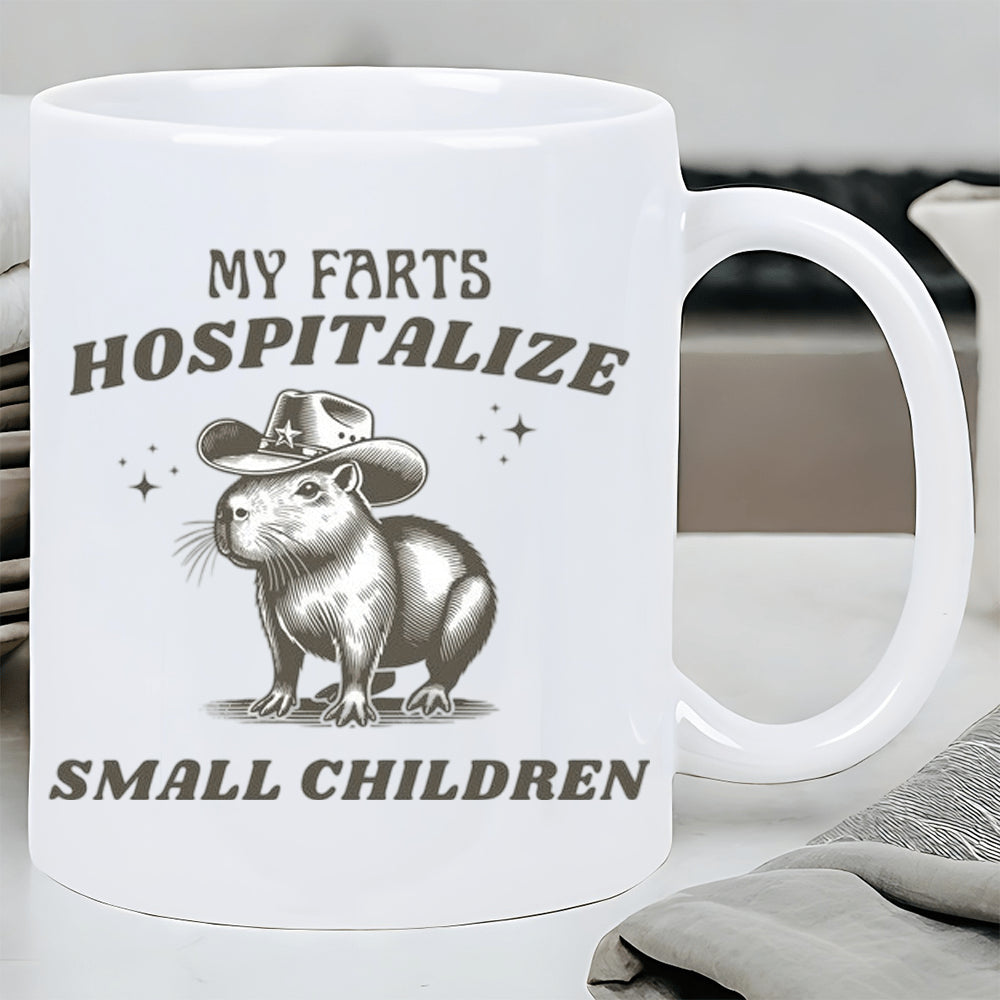 Tailorly White Ceramic 11 oz Mug - My Farts Hospitalize Small Children Sketch Of A Charming Animal Wearing A Rustic Style Cowboy Hat Capybara