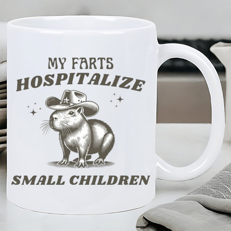 Tailorly White Ceramic 11 oz Mug - My Farts Hospitalize Small Children Sketch Of A Charming Animal Wearing A Rustic Style Cowboy Hat Capybara
