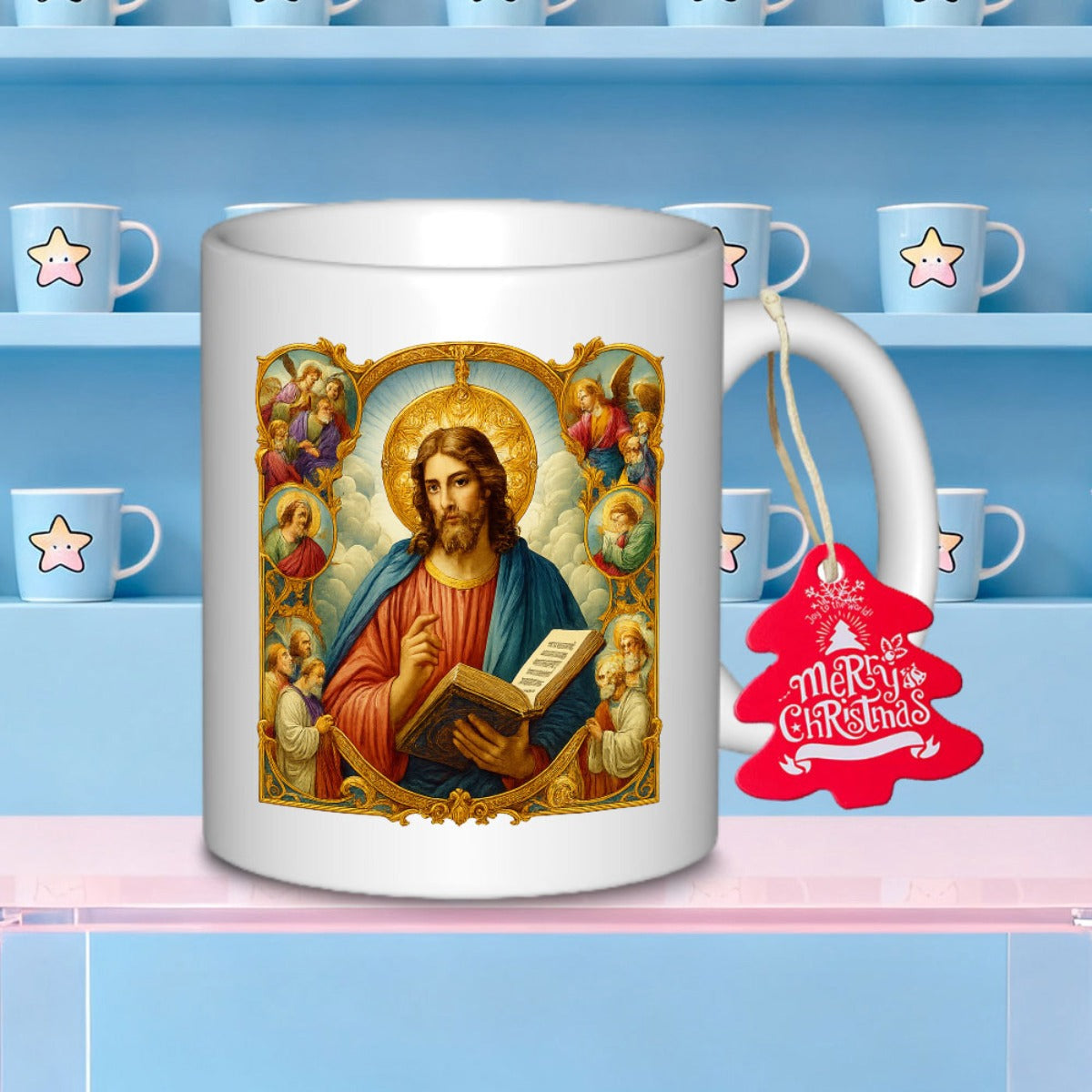 Tailorly White Ceramic 11 oz Mug - Sacred Religious Portrait Within Ornate Golden Frame Surrounded By Heavenly Angels Jesus