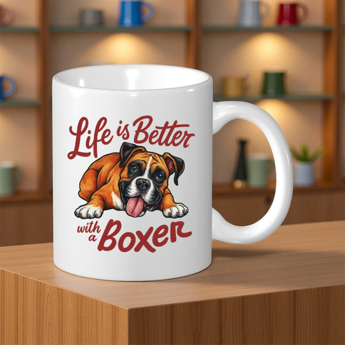 Tailorly White Ceramic 11 oz Mug - Life Is Better With A Boxer Loyal Playful Brown And White Dog Resting On Surface Boxer
