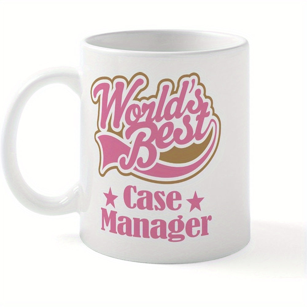 Tailorly White Ceramic 11 oz Mug - Worlds Best Case Manager Curvy Pink Font With Golden Ribbon Backdrop And Two Bright Pink Star
