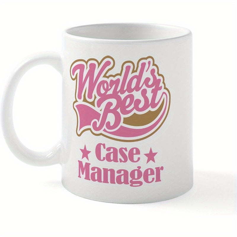 Tailorly White Ceramic 11 oz Mug - Worlds Best Case Manager Curvy Pink Font With Golden Ribbon Backdrop And Two Bright Pink Star