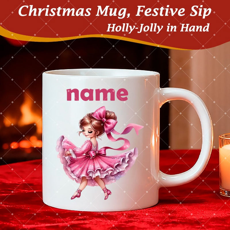 Tailorly White Ceramic 11 oz Mug - Christmas Mug Festive Sip Holly Jolly In Hand Name Elegant Young Ballerina Dancing In Vibrant Pink Ruffled Dress Girl