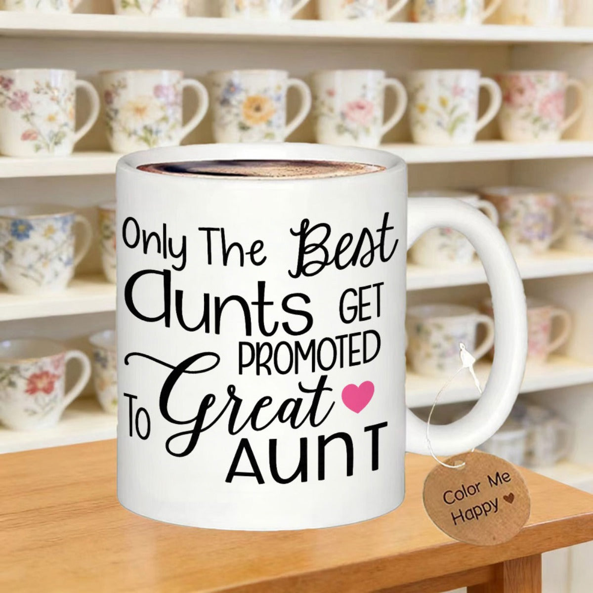 Tailorly White Ceramic 11 oz Mug - Only The Best Aunts Get Promoted To Great Aunt Minimalist Typography Design With Elegant Script And Small Pink Heart Mug