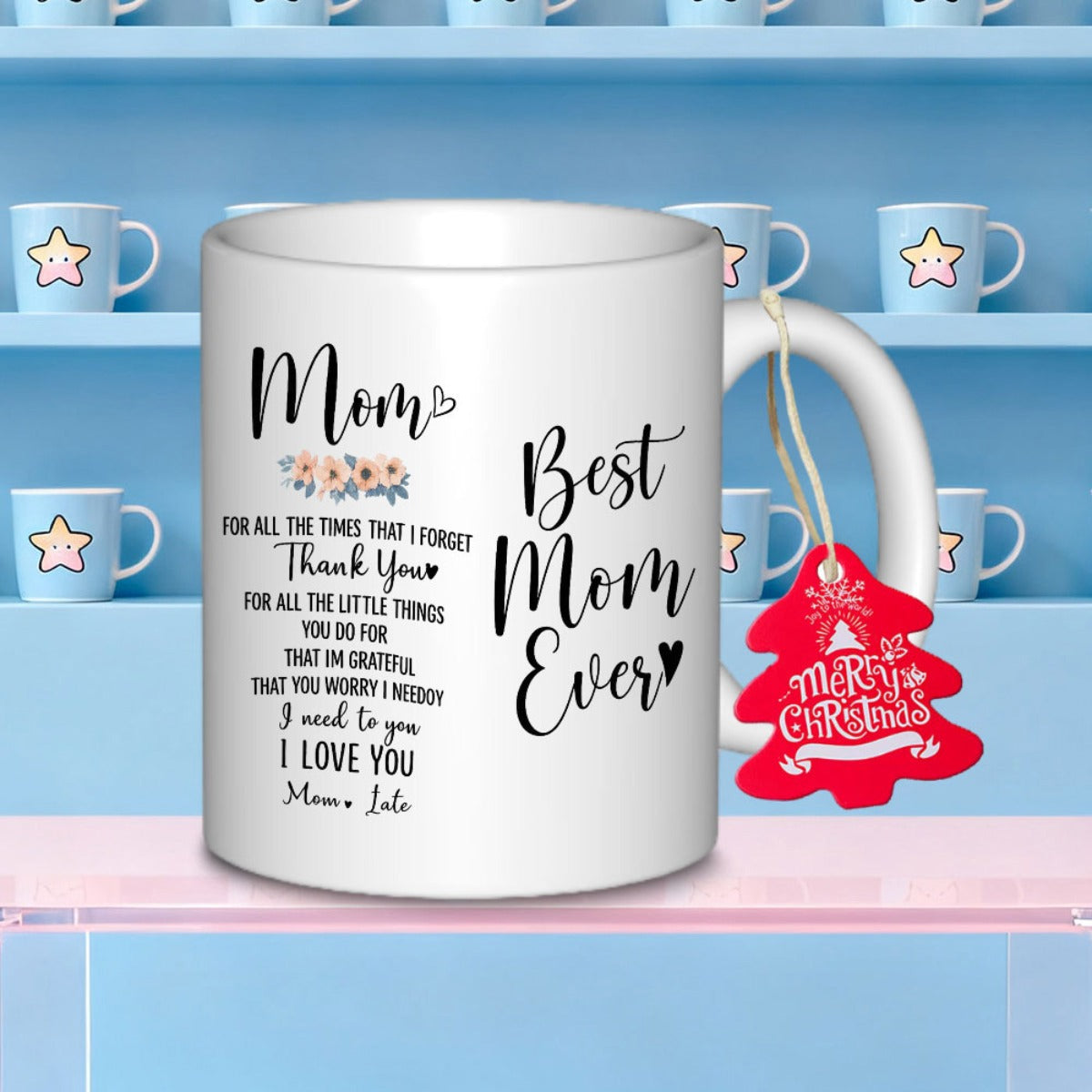 Tailorly White Ceramic 11 oz Mug - Mom Best Mom Ever Thank You I Love You Elegant Script Lettering Decorated With Small Flowers And Tiny Decorative Graceful Sign